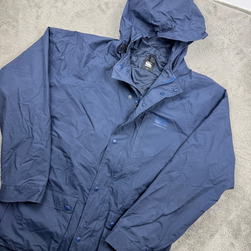 Canterbury Rain Jacket Mens 2XL Blue Excellent Hooded Nylon Windbreaker RA77541